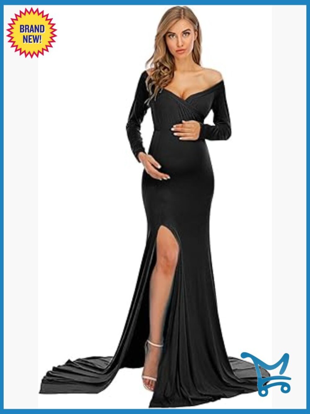 Elegant Fitted Maternity Gown Off Shoulder Long Sleeve Maxi Photography Dress